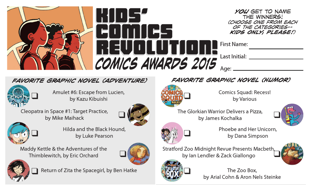 KCRpodcast's tweet photo. One week left for kids to vote in the KIDS' COMICS AWARDS! Big ceremony on Sunday! #KCRawards http://t.co/Xm6Qkg2lHB http://t.co/Yg6LWaQkiU