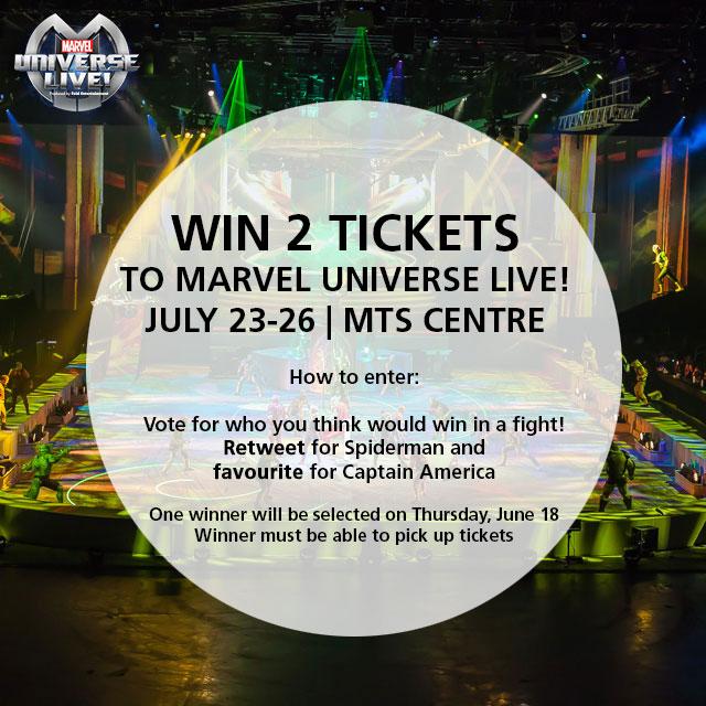 TravelManitoba's tweet photo. Who would win a fight? RT for Spiderman &amp; Fav for Captain America to win 2 tix to Marvel Universe LIVE: July 23-26 💥 http://t.co/te5OuGyKtY