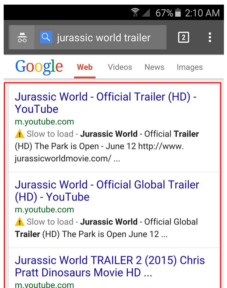 Google is testing a "Slow to load" yellow sign in mobile search results. selnd.com/1R0kd0m