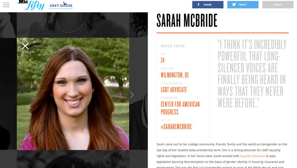SPALeadership's tweet photo. Congratulations @SarahEMcBride ('13) for making the @micnews Top 50 for her advocacy work for the LGBT community! http://t.co/jCT1ZVaKy4