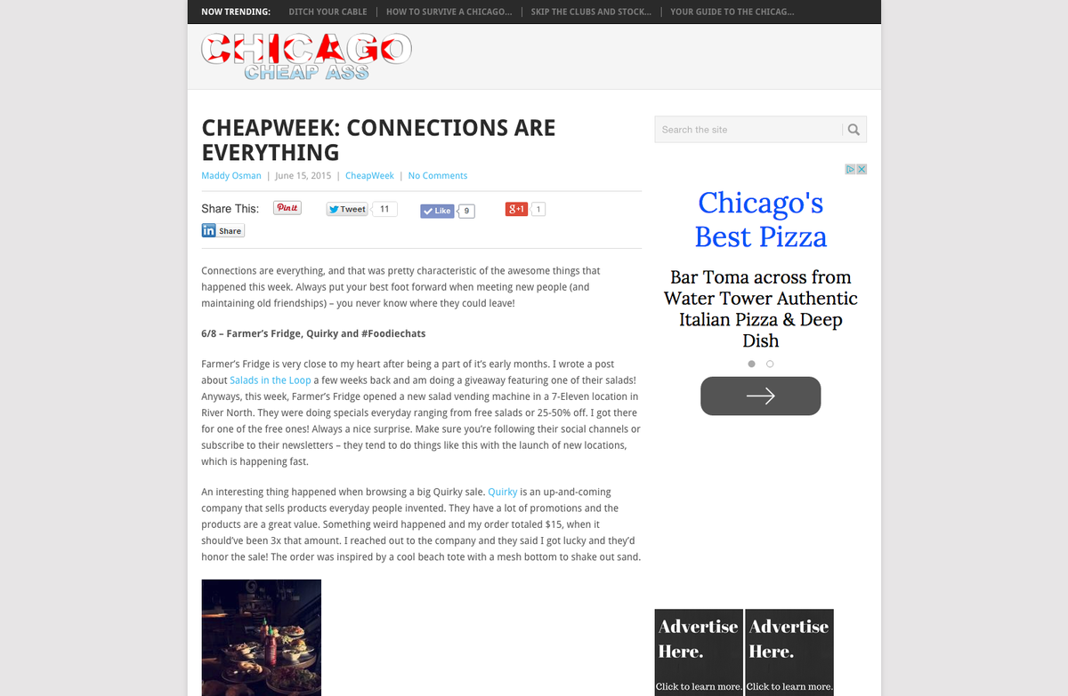 ChicagoBlogWeek's tweet image. #ThankYou @MaddyOsman for #ChicagoBlogWeek mention in ChicagoCheapAss.com #Blog. That's #Awesome! #Chicago