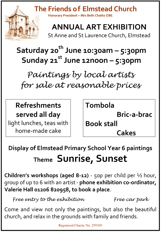 ElmsteadChurch's tweet photo. RT Friends of Elmstead Church The Annual #Art #Exhibition #Colchester @WhatsOnTendring @EssexChronicle @GNColchester http://t.co/11eLBRsOoN