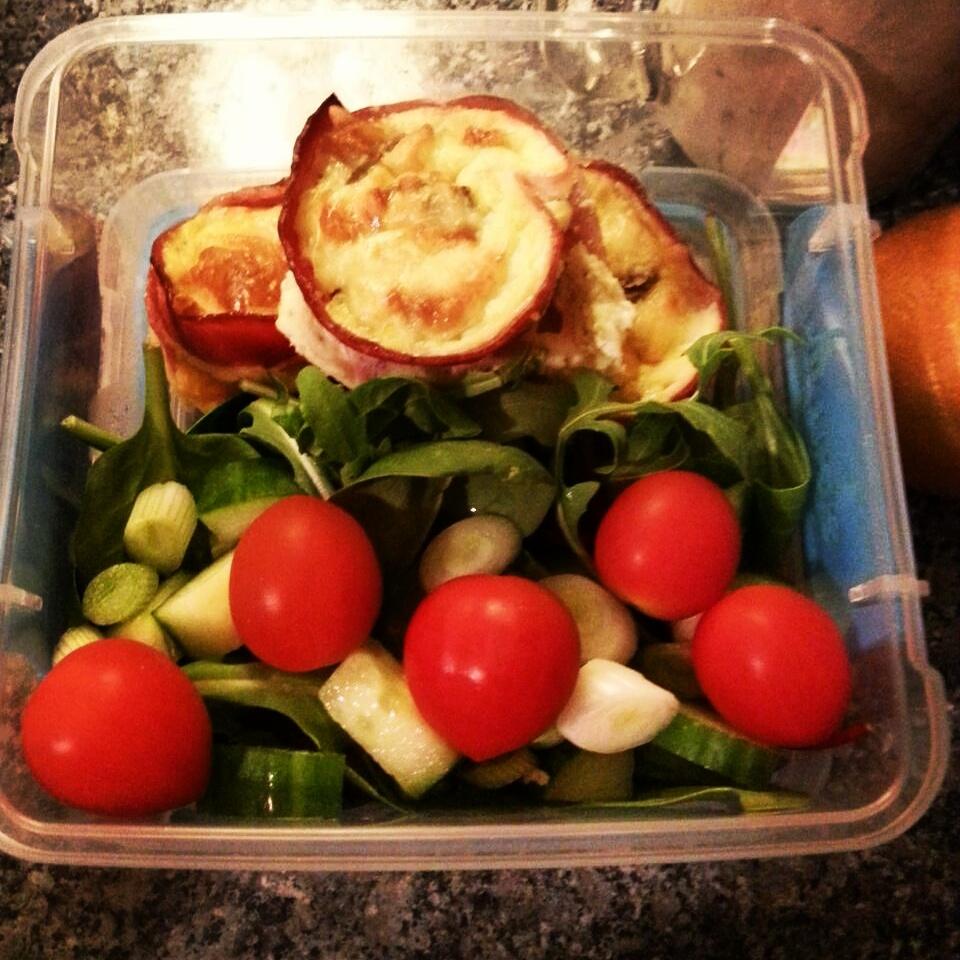 EmmaSW24's tweet image. Ham and Mushroom mini quiches and salad leaves with spring onion, cucumber and baby plum tomatoes. #SlimmingWorld