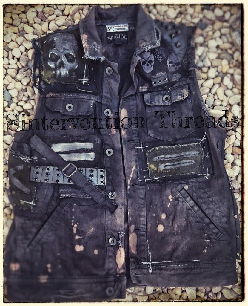 ssintervention's tweet photo. #Sinterventionthreads #zombie #apocalypse #fallout #rockstar distressed denim vest. #rock&amp;roll #Metalhead #stagewear http://t.co/pjYifXE1iw