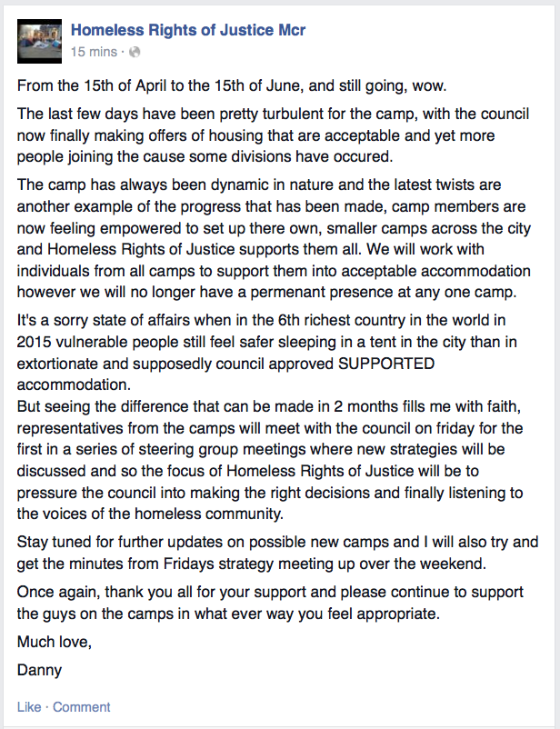 HomelesscampMCR's tweet photo. Here's our latest statement.
#HomelessCampMCR http://t.co/7W65kKT7rH