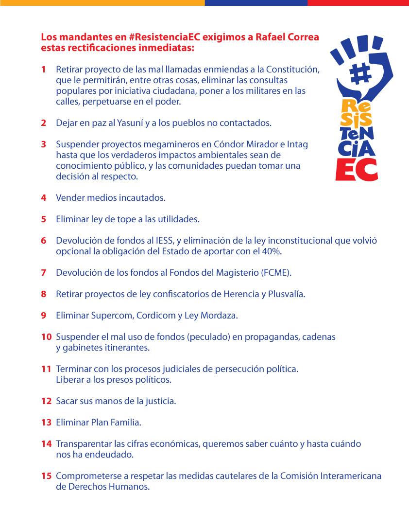 ResistenciaEC1's tweet image. Mandantes, esta es la lista d exigencias mínimas para dejar de protestar ante la dictadura. Si estás de acuerdo RT.