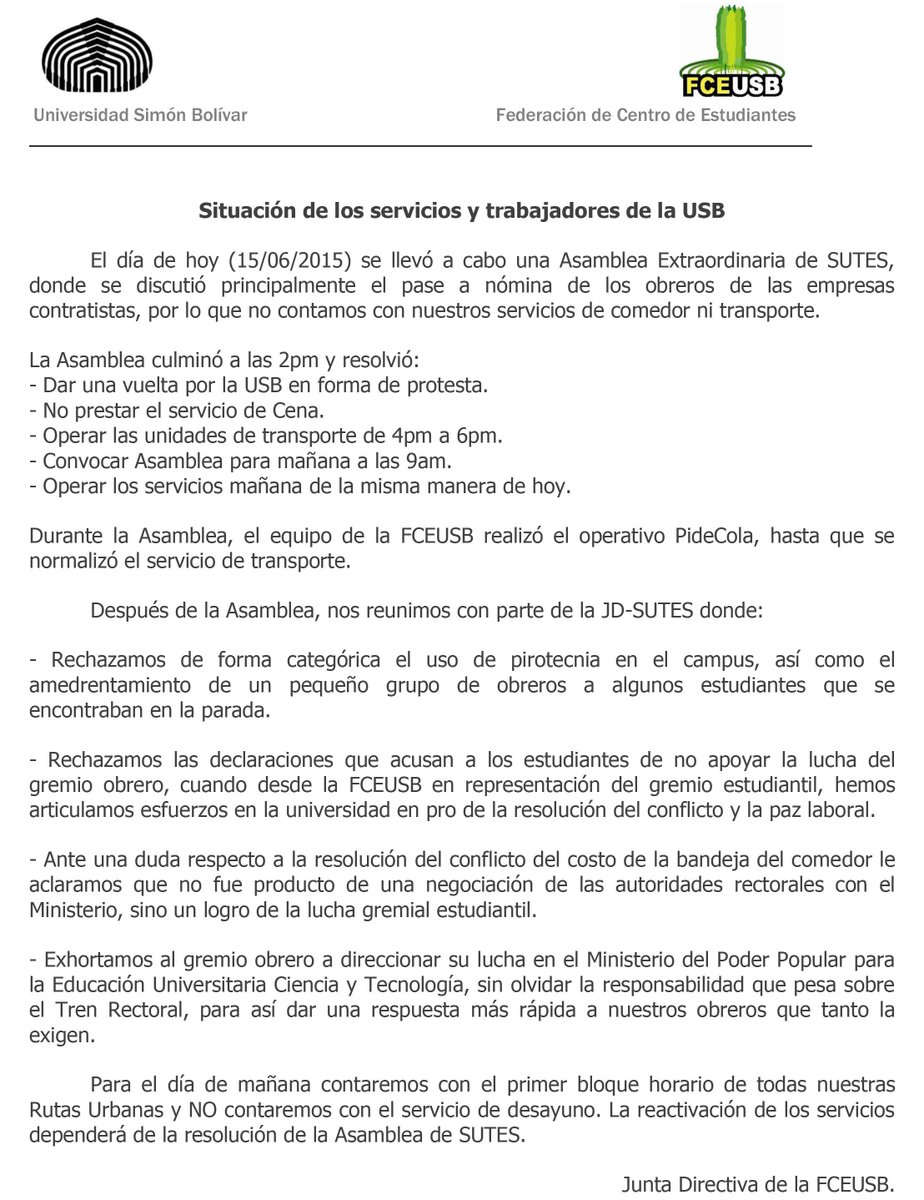 FCEUSB's tweet image. Situación respecto a los servicios y trabajadores #USBve del día de hoy y mañana #16Jn
