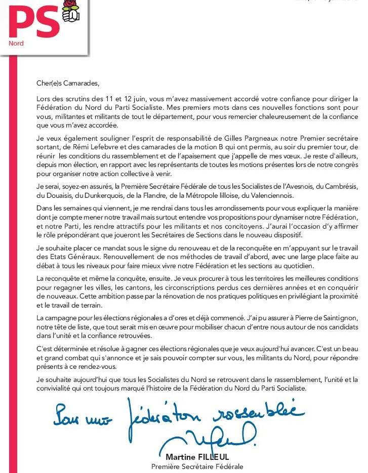 ROUXChti's tweet photo. Martine FILLEUL: 1ère Secrétaire Fédérale du Nord écrit aux Socialistes. Rénover, Rassembler... http://t.co/Lxnorn0QDa