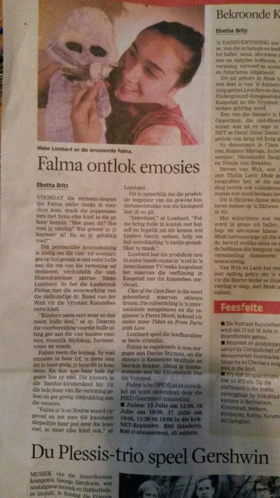 Pop is in vandag se koerant #Falma <a href="/VSKunstefees/">Vrystaat Kunstefees • Arts Festival • Tsa-Botjhaba</a> <a href="/volksbladnuus/">Volksblad</a> <a href="/dariussnyman/">Darius Snyman</a> "High quality puppetry made for kids"