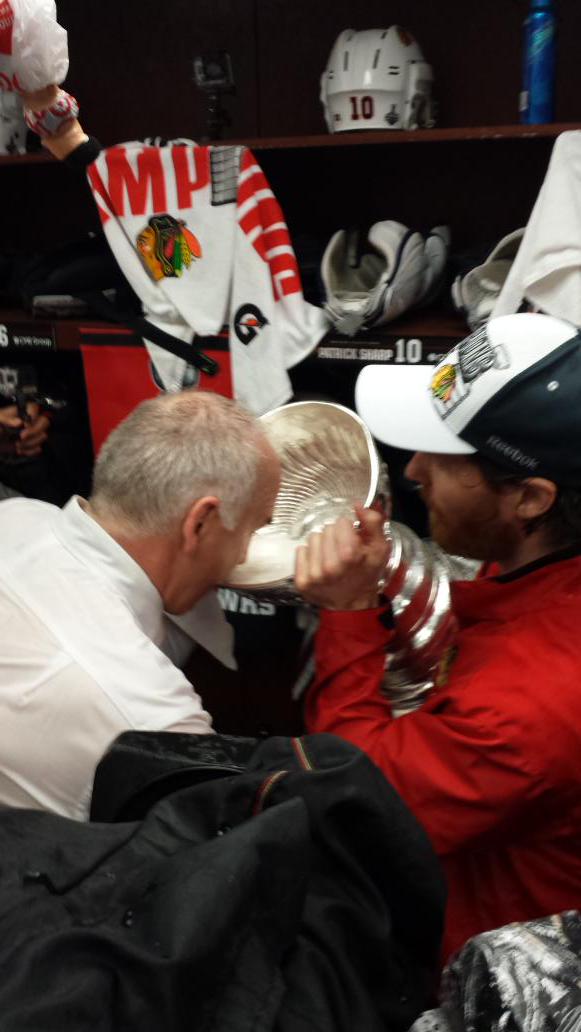 Coach Q having a drink of victory. #StanleyCup #BecauseItsTheCup <a href="/NHL/">NHL</a> <a href="/HockeyHallFame/">Hockey Hall of Fame</a>
