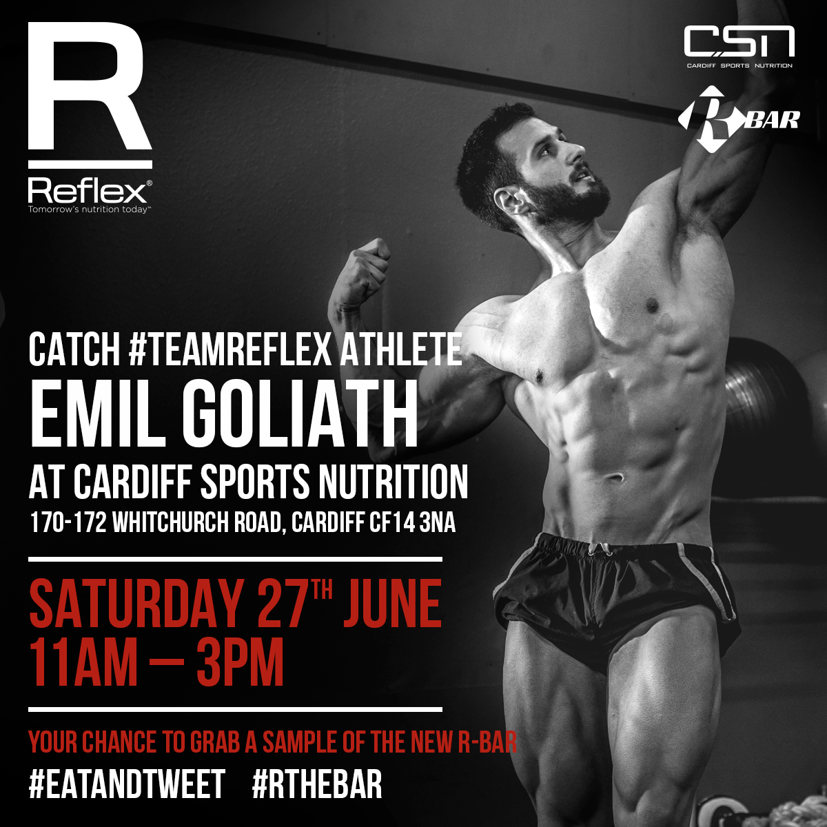 ReflexNutrition's tweet photo. 11 days to go!! Get to @CARDIFFSPORTSNU on the 27th - meet @projectgoliath and grab some samples #TeamReflex #RtheBar http://t.co/vPjP3tXwZW