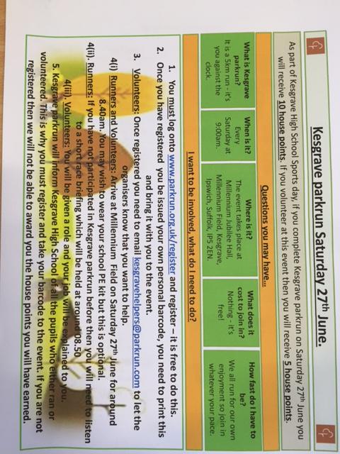 Take part in the <a href="/Kesgraveparkrun/">Kesgrave parkrun</a> on Saturday 27th June &amp; earn points for your house on sports day. Register online!