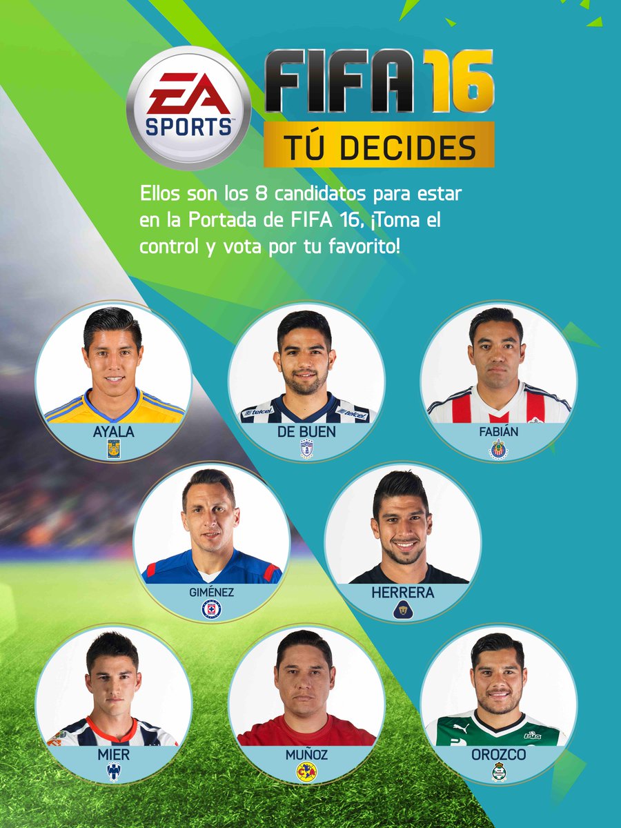 LigaBBVAMX's tweet photo. Pueden votar en http://t.co/YnHlN6pJ8v una vez cada hora. ¿Ya tienen a su favorito para la portada del #FIFA16? http://t.co/EBv4w6UyPG