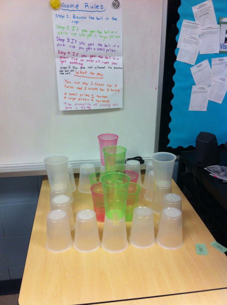 Lisa_Donohue's tweet image. White cup wins... Probability of winning is 35%... Some skills required! @MsTOWN @APotashner #probabilityfair #YRDSB