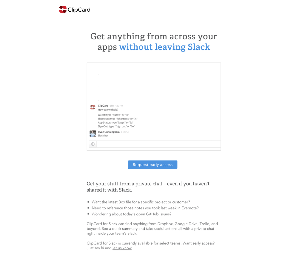 BetaList's tweet photo. ClipCard in Slack: Find anything from your apps inside Slack http://t.co/TAhdsDGHdH http://t.co/ADpSvYg3gn