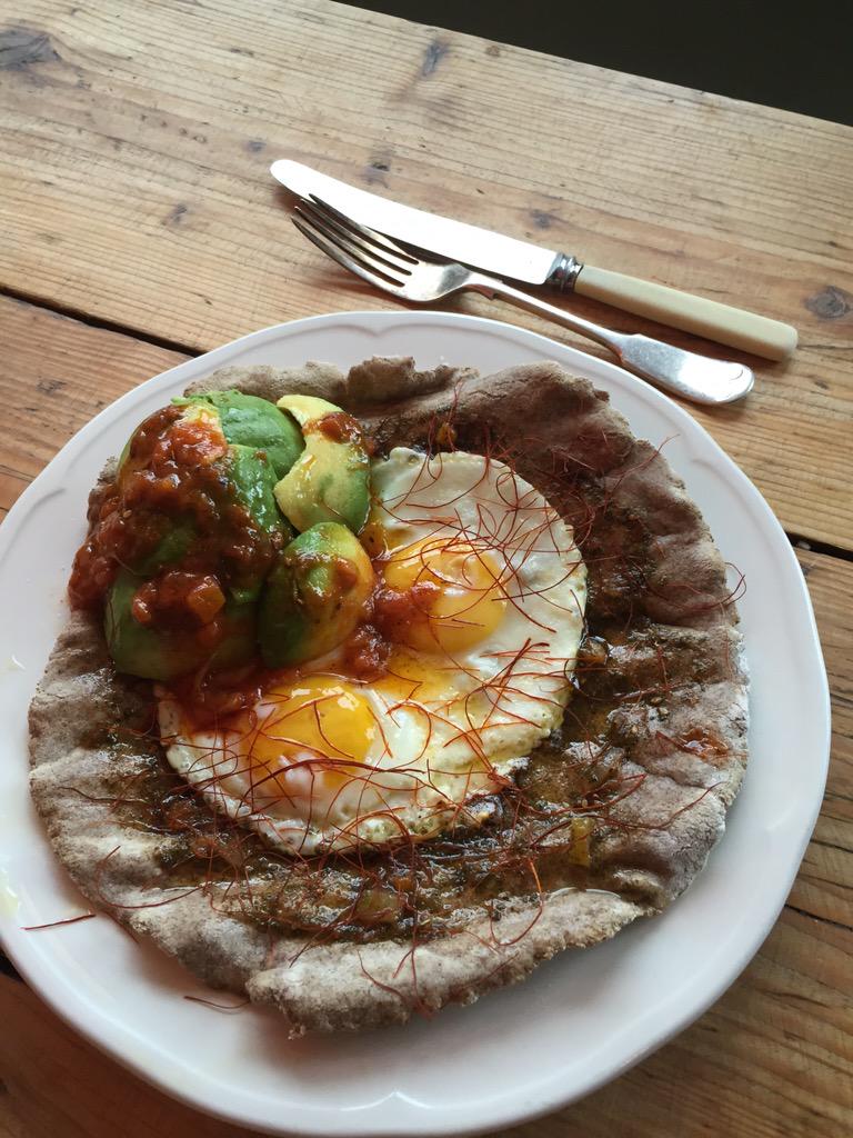 Good breakfast grilled flat bread avocado + tomato salsa Chinese Angel hair chilli's and all gluten free