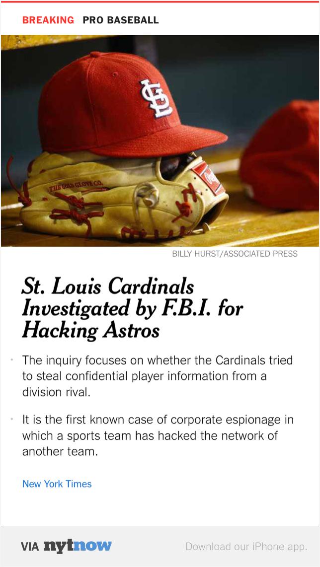 Chad Hawk (@seehawkbham) on Twitter photo St. Louis Cardinals Investigated by F.B.I. for Hacking Astros – via <a href="/NYTNow/">NYT Now</a> <a href="/mattredmond/">Matt Redmond</a> uhoh nyti.ms/1dIdoDK St. Louis Cardinals Investigated by F.B.I. for Hacking Astros – via <a href="/NYTNow/">NYT Now</a> <a href="/mattredmond/">Matt Redmond</a> uhoh nyti.ms/1dIdoDK