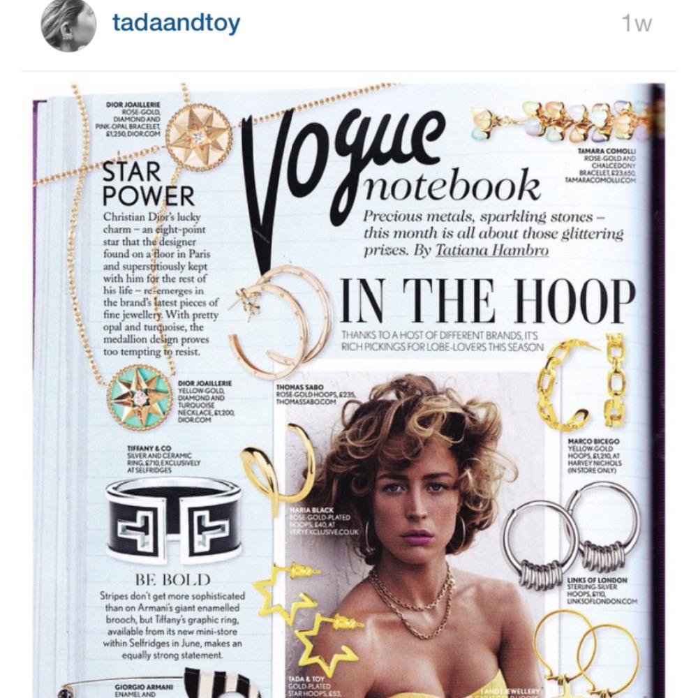 LayanaLondon's tweet photo. V happy to see Tada&amp;Toy Starhoops in @voguemagazine Congratulations @tadaandtoy #starhoops #starcuff #gold #earcuff http://t.co/12Ru63pb0J