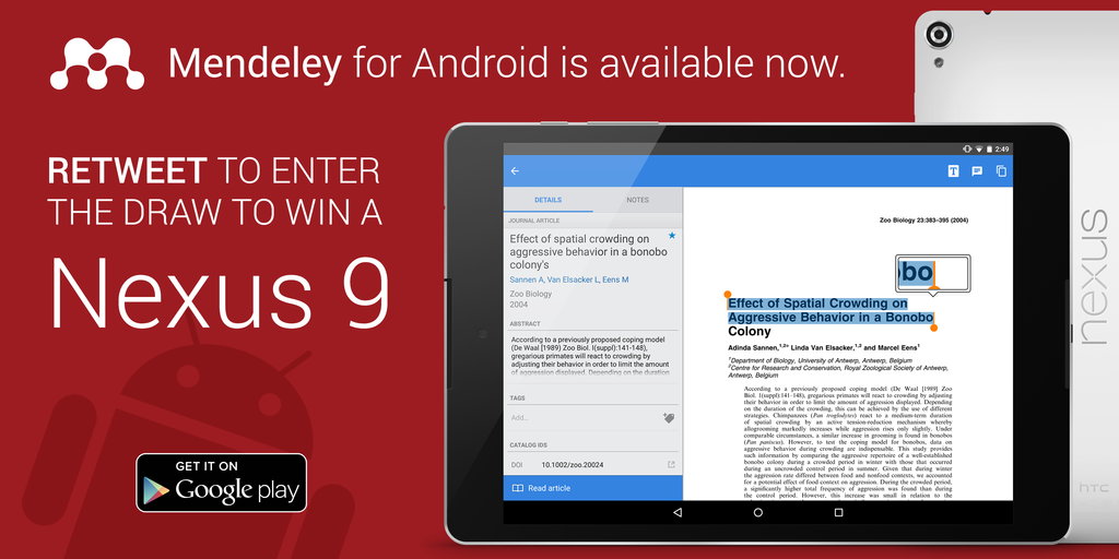 #Mendeley for Android is out now, enter to win a #Nexus9 by Retweeting this Tweet Details here mnd.ly/1HP9tRP