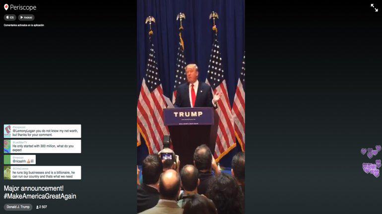 infobaeamerica's tweet photo. Donald Trump anunció su candidatura a la presidencia de los Estados Unidos vía @periscopeco http://t.co/FJWu9Hv7ty http://t.co/q0hS16afc5