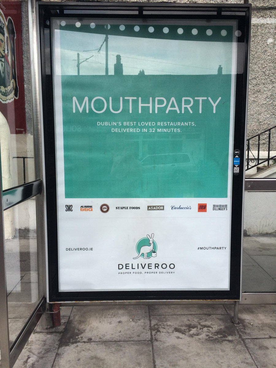 Deliveroo_IE's tweet photo. We've taken over Dublin's bus stops! Snap &amp; Tweet our posters with #Mouthparty - €30 voucher could be yours! #ROOLove http://t.co/bnWndPYVRr