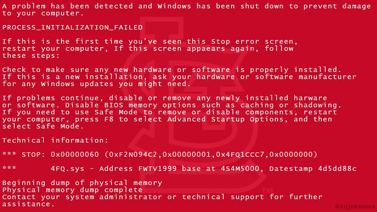 cujoknows's tweet photo. When your computer's been comprimised by the Cardinals. #RedScreenOfDeath http://t.co/X1TKDwOmvw