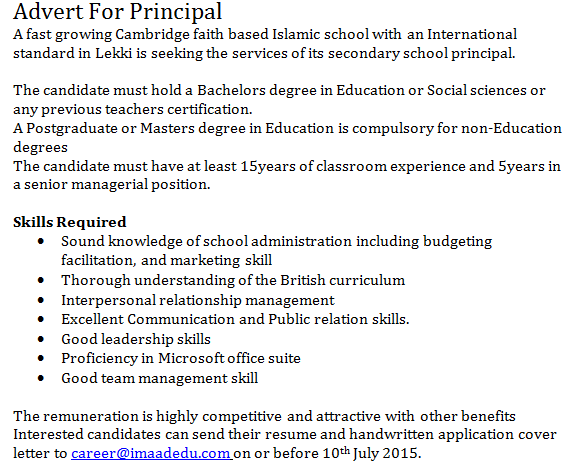 Vacancy! vacancy!! vacancy!!! for the post on a Principal in a school... Contact: career@imaadedu.com