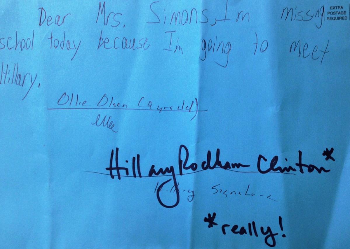 HillaryClinton's tweet image. If you have to miss school, make sure you have a note.