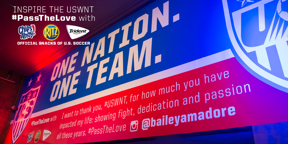 USWNT's tweet photo. #FanHQ was rocking last night w/ a @Baileyamadore quote, our #OfficialSnacks, & YOU the fans! #PassTheLove #1N1T http://t.co/pJ3Dk3hg8w