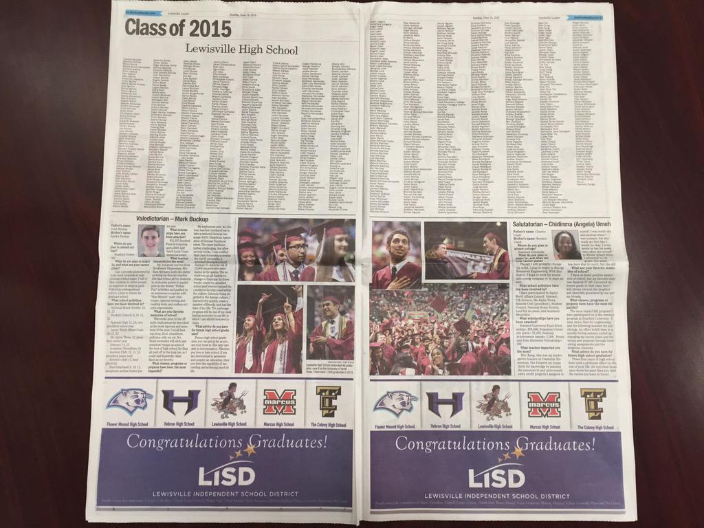 LewisvilleHS's tweet image. Look at the spread on Lewisville High School&apos;s Class of 2015 in June 14th edition of Lewisville Leader! #FarmerPride
