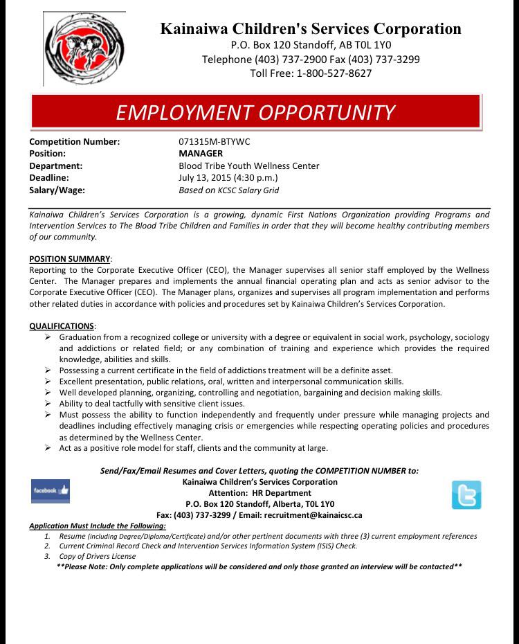 kcsc2014's tweet photo. Employment Opportunity: Blood Tribe Youth Wellness Center Manager 
Deadline: July 13, 2015- 4:30 pm http://t.co/AQaSrsZgNR