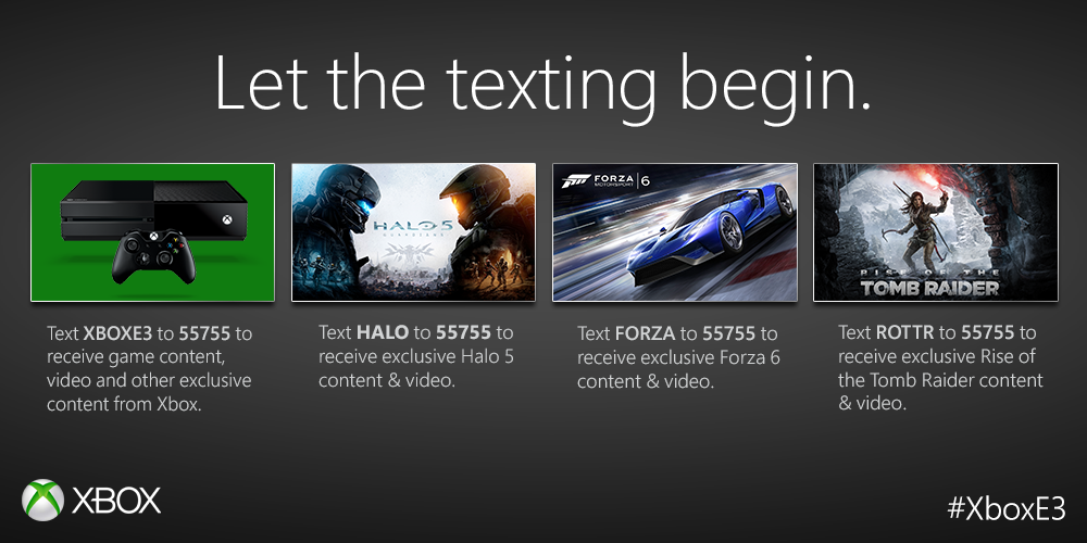 Xbox's tweet image. Text one or text them all. Each code gets you exclusive content from #XboxE3.
