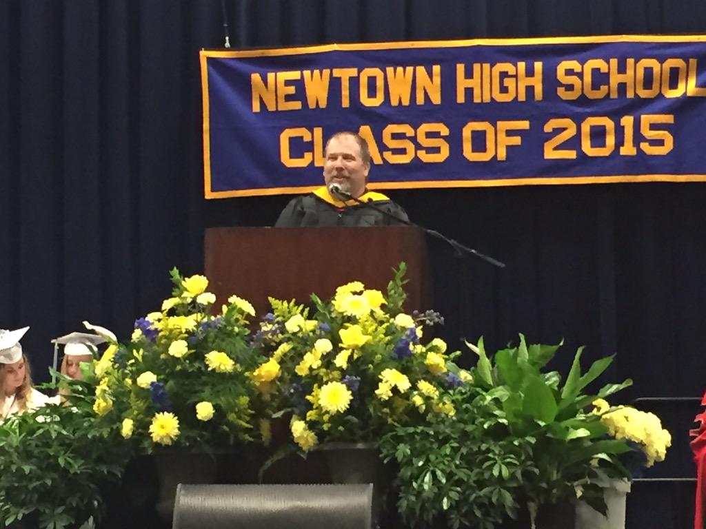 CCanfield100's tweet photo. #Science teacher Mr. Harrison gives the Keynote Address at #NewtownHS #Graduation_2015 http://t.co/KRiwn96Dmm
