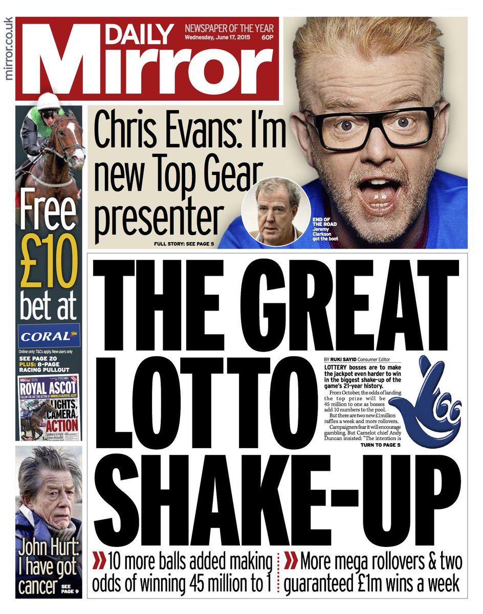 BBCNews's tweet photo. Wednesday's Daily Mirror: "The great lotto shake-up" http://t.co/yGAh0RDLk3 (via @suttonnick) #TomorrowsPapersToday #BBCPapers