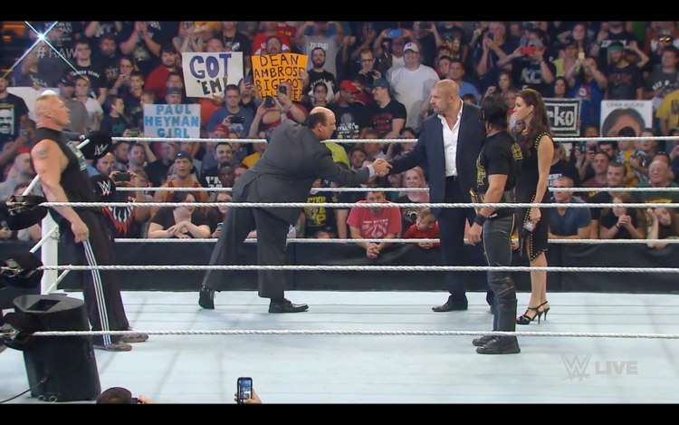 HeymanHustle's tweet photo. THE HANDSHAKE SEALS THE DEAL! @WWE #RAW #Battleground @WWENetwork @BrockLesnar vs @WWERollins @TripleH @StephMcMahon http://t.co/vGG5J5Escg