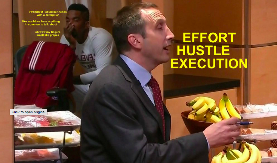 SBNation's tweet photo. J.R. Smith had other stuff on his mind during David Blatt’s halftime speech: http://t.co/poqUFhgD3b http://t.co/5aaiuqNZn0