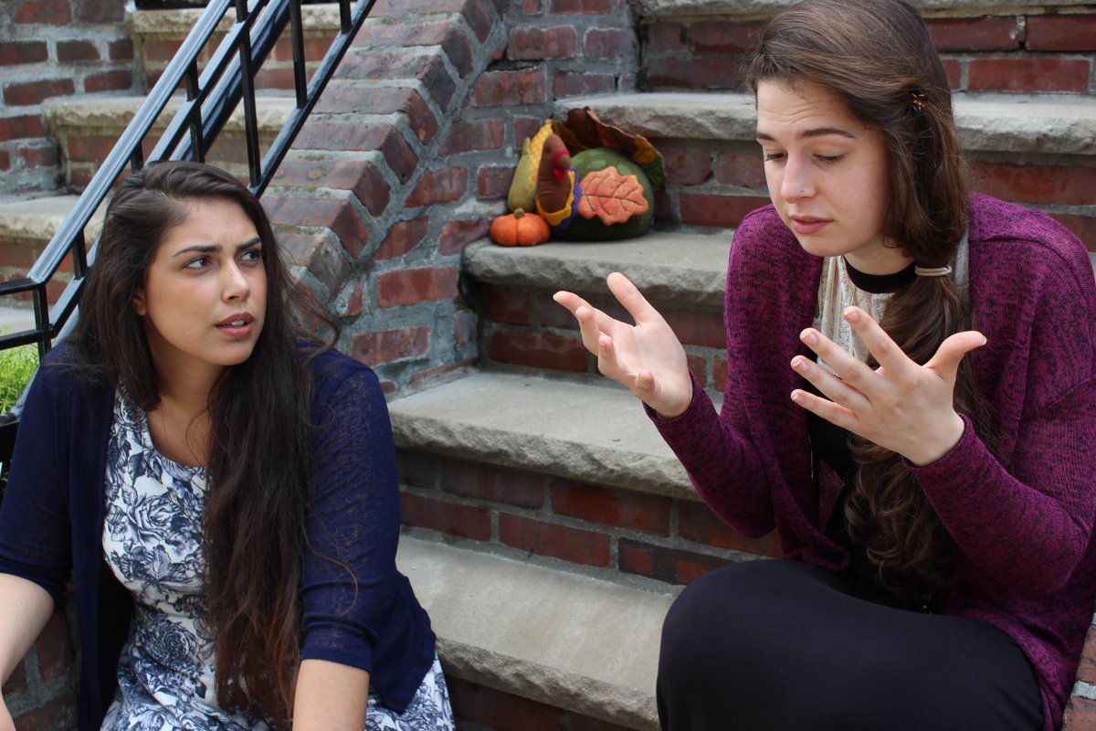 GetUnProductive's tweet image. Not quite putting the "Happy" in "Happy Thanksgiving". Hope Andrejack and Tessie Barresi on set.