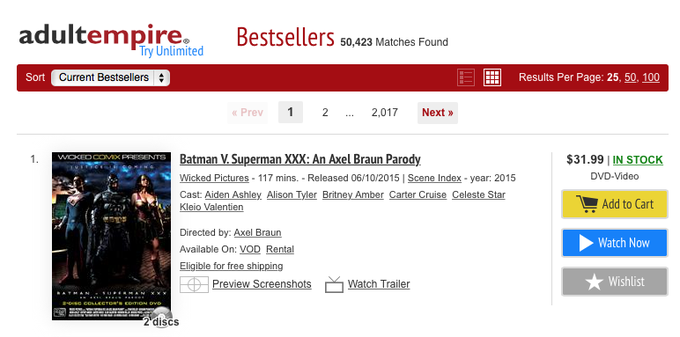 "@axelbraun: Woo-hoo! #BatmanvSuperman XXX is #1 in the charts on @adultempire ? ? ? http://t.co/mcC<a class="tags" href="/tag/axelbraun">@axelbraun</a><a href="/tag/batmanvsuperman"class="tags">#BatmanvSuperman</a>