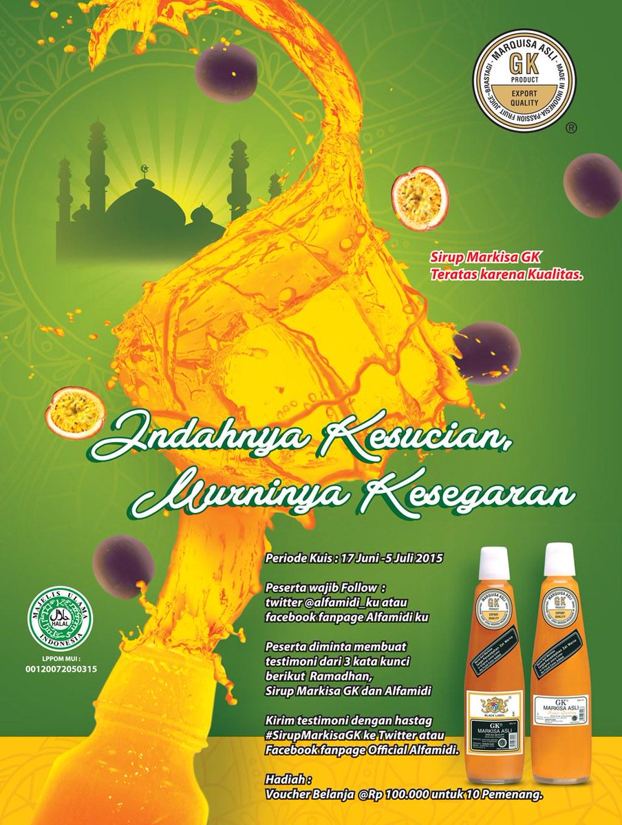 alfamidi_ku's tweet photo. Buatlah kalimat/testimoni dari 3 Kata kunci berikut: Ramadhan, Sirup Markisa GK, Alfamidi #SirupMarkisaGK http://t.co/GwNjCTaO1H