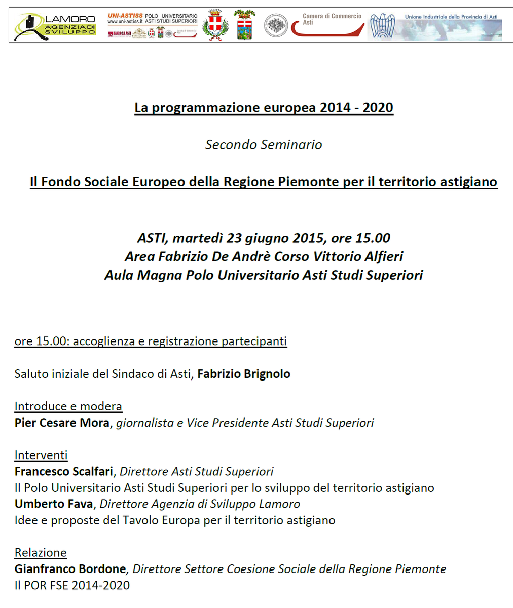 cciaa_asti's tweet photo. seminario su Fondo Sociale Europeo  #asti 23 giugno ore 15 @uniastiss con Gianfranco Bordone @regionepiemonte http://t.co/Rm5AIax7rK