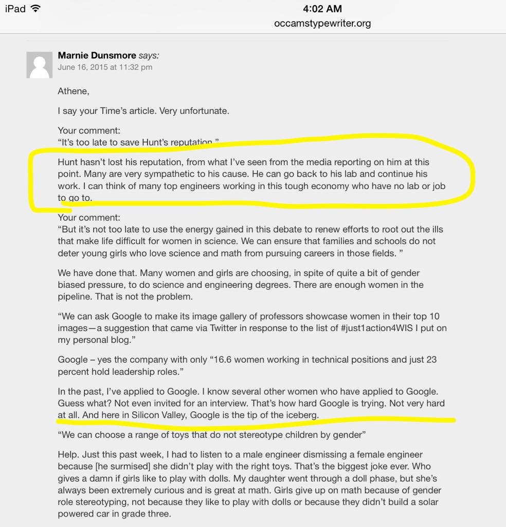 dawnbazely's tweet photo. Important #WomenInSTEM convo on @athenedonald's comments with @hildabast @deevybee: http://t.co/PggyDarPMX #TimHunt http://t.co/s1TKPMMqV9