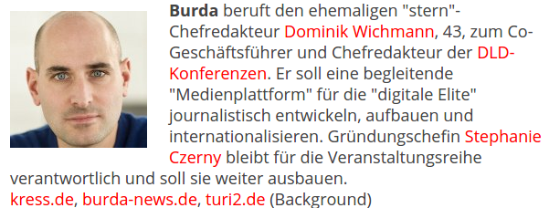 turi2's tweet photo. Dominik Wichmann wird wieder Chefredakteur - diesmal bei Burdas DLD-Konferenzen. http://t.co/iGIrs9mWx1 http://t.co/Rvo1dJIlKc