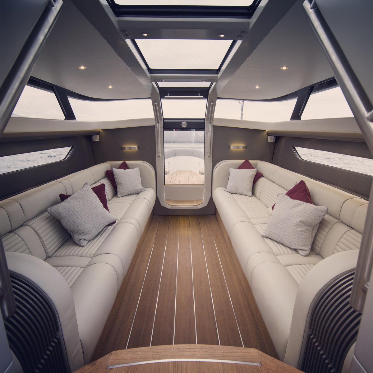Luxurious, air conditioned interior design of our award winning 9.6m SL Limousine #luxury #design #superyachttender