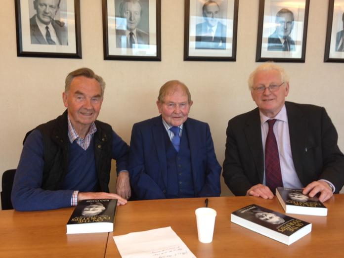 IrishPolMemoirs's tweet image. Former minister Michael Woods and Seamus Kirk TD with John O'Leary in Leinster House this evening