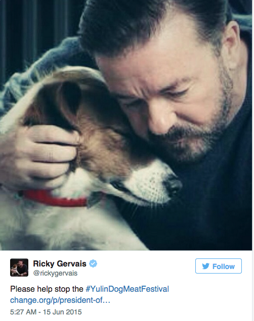Change's tweet photo. "@RickyGervais urges fans to help stop China dog meat trade" via @dianafalzone http://t.co/TsA6XPjLRy http://t.co/nravy2R6QC