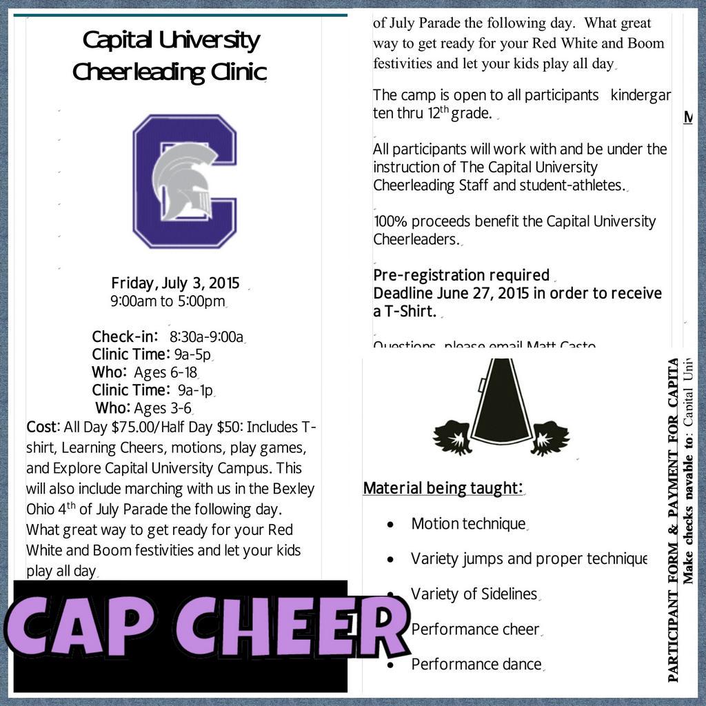 CapCheer's tweet photo. Capital Cheer Clinic is Friday July 3rd. If you have any question please contact coach Casto at mcasto@capital.edu http://t.co/WTGvMktp3p