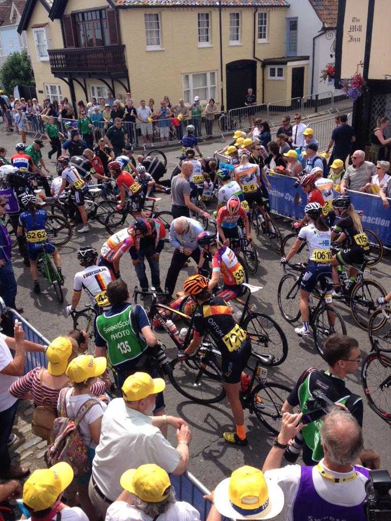GlobalsNewsroom's tweet photo. At least five women on the ground after huge pile up past finish line in #Aldeburgh #womenstour. @HeartAngliaNews http://t.co/fD8e8zSHWm