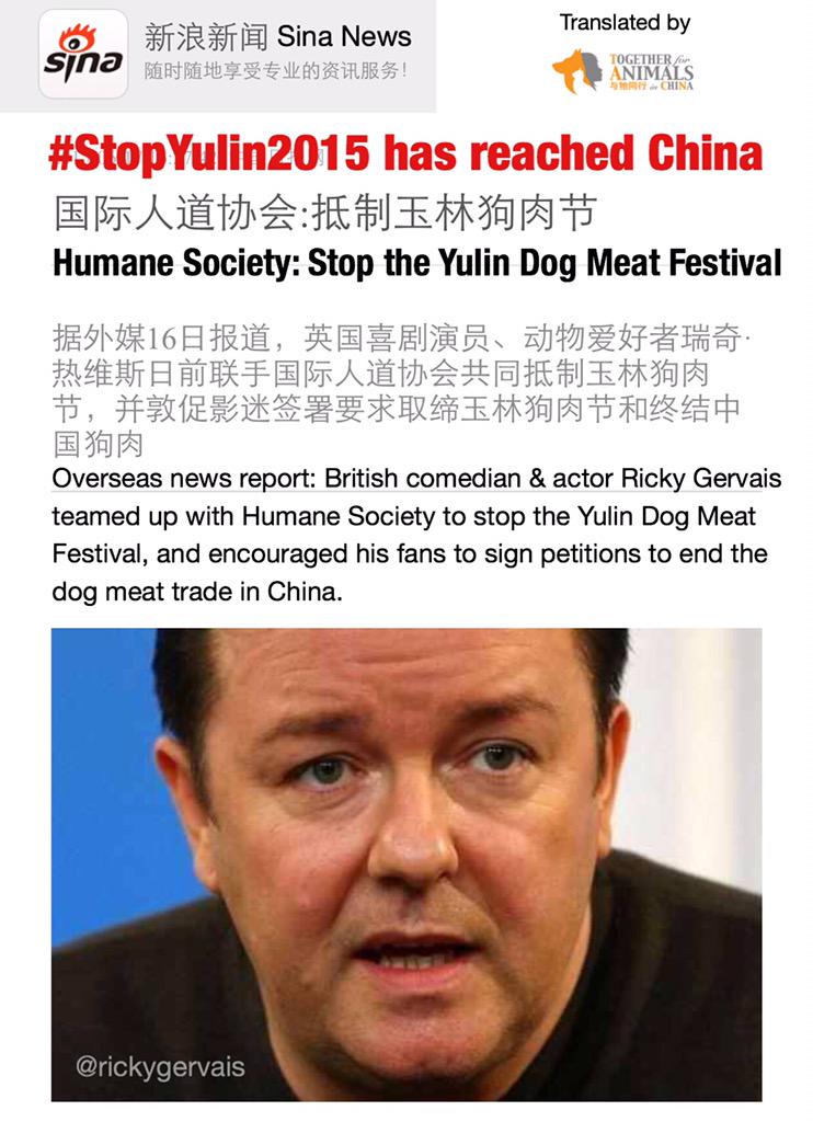 tacnofficial's tweet photo. #StopYuLin2015 has reached China &amp; reported by Chinese main stream online media ft. @rickygervais &amp; @HumaneSociety http://t.co/ta62trguX9