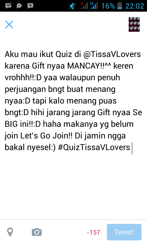 salsa_adistia's tweet photo. Ini alasan aku Join Quiz kamu @TissaVLovers Wish Me Luck and Done All Rules^^ #QuizTissaVLovers http://t.co/kB0IUqlrk4