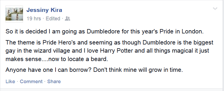Sadfoe's tweet photo. @jk_rowling One of my friends has decided to go to #Pride2015 as Dumbledore... Any suggestions on a good beard shop? http://t.co/pBYtPvq5JE